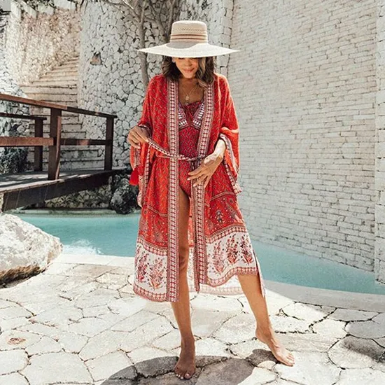 Ss Women Dark Red Small Flower Printing Beach Soft 100%Rayon Long Fashion Scarf/Kimono/Poncho/Wraps/Shawl with Belt 